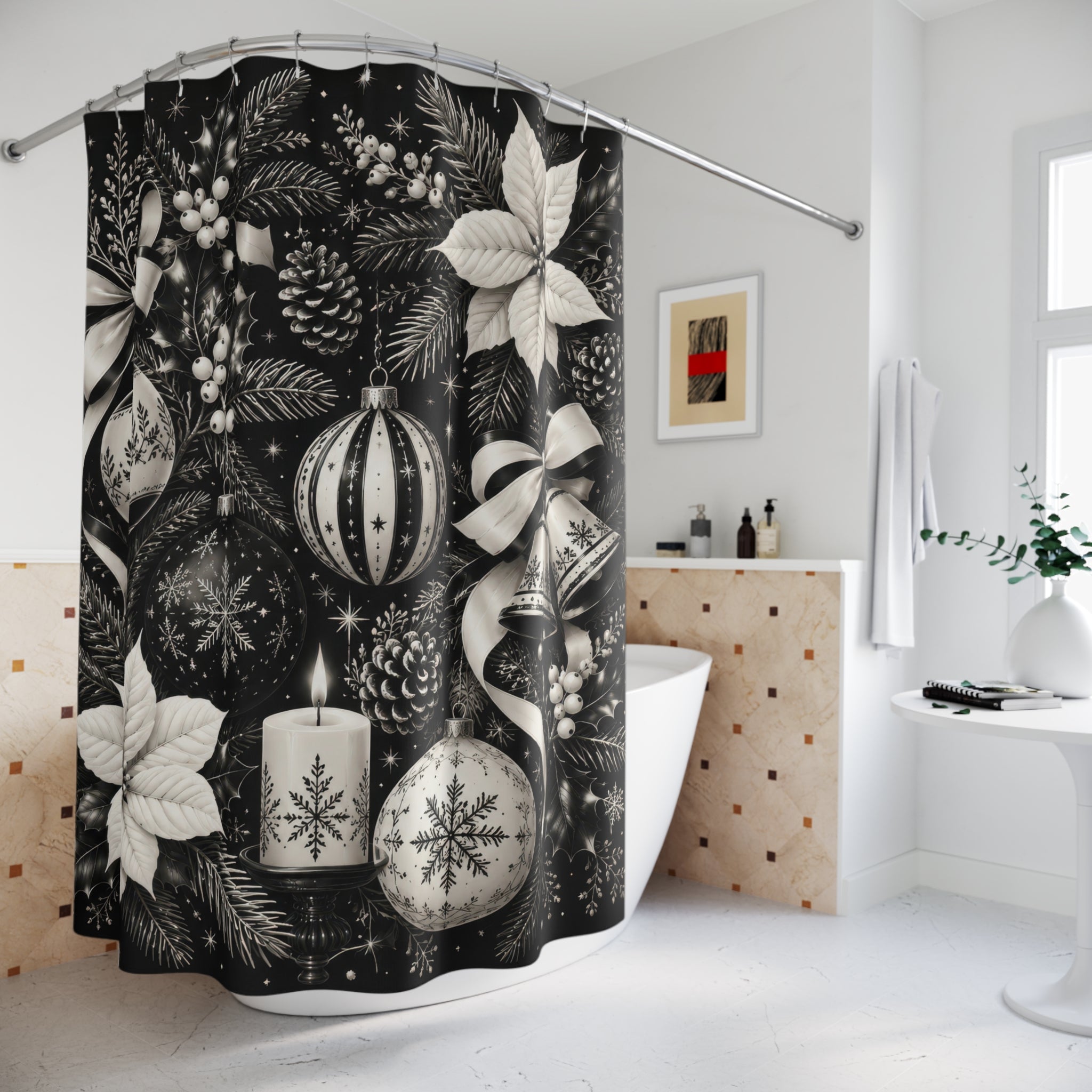 Black and White Christmas Shower Curtain: Holiday Botanical