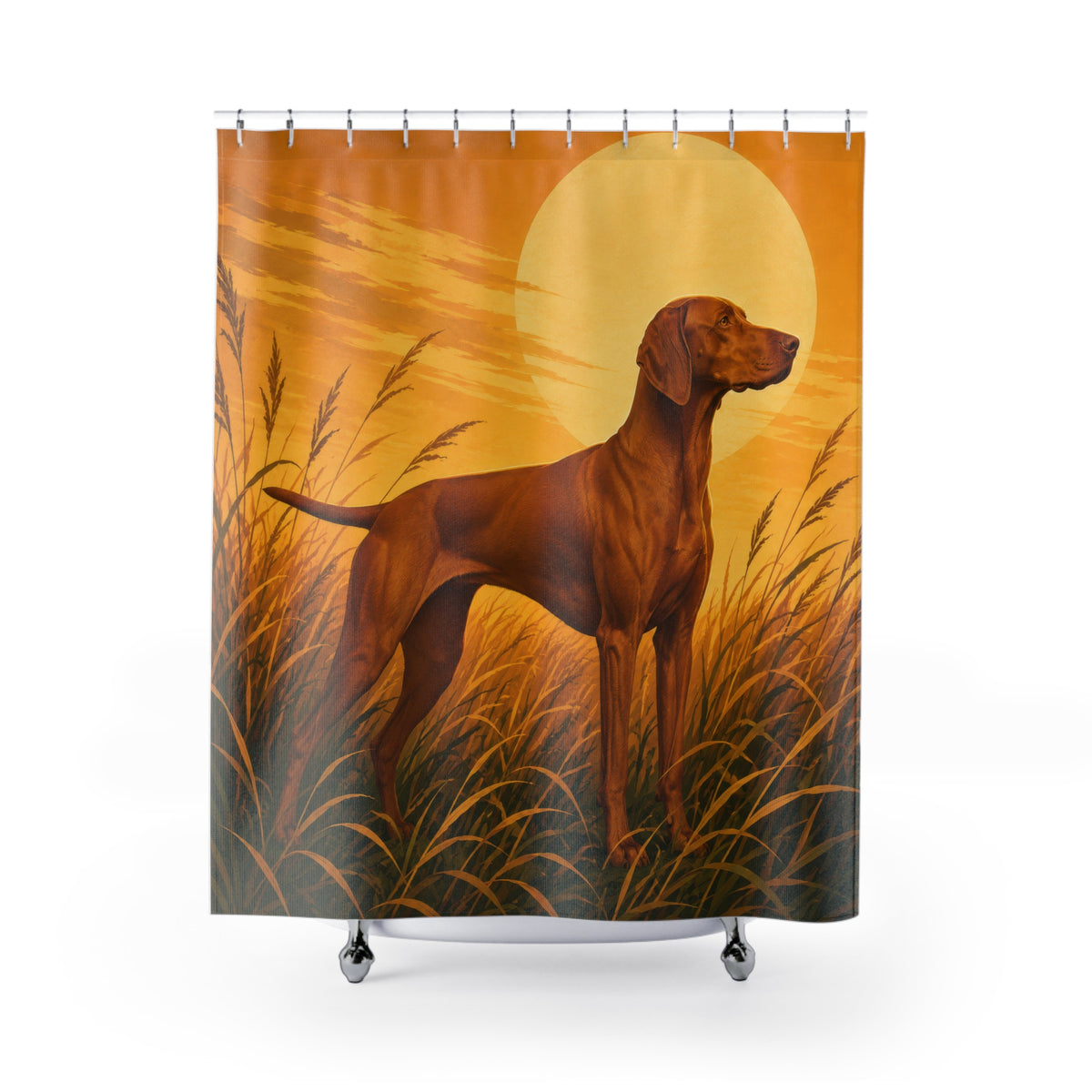 Golden meadow Vizsla shower curtain with full front view
