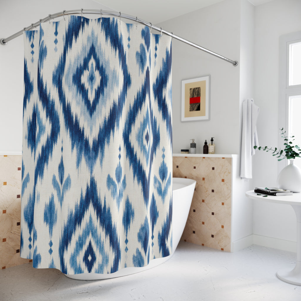 Blue Ikat Diamond Shower Curtain, Indigo Blue Bohemian Bathroom Decor, Ikat Stripe Bath Curtain, Guest Bath Decor, Small Bathroom Decor