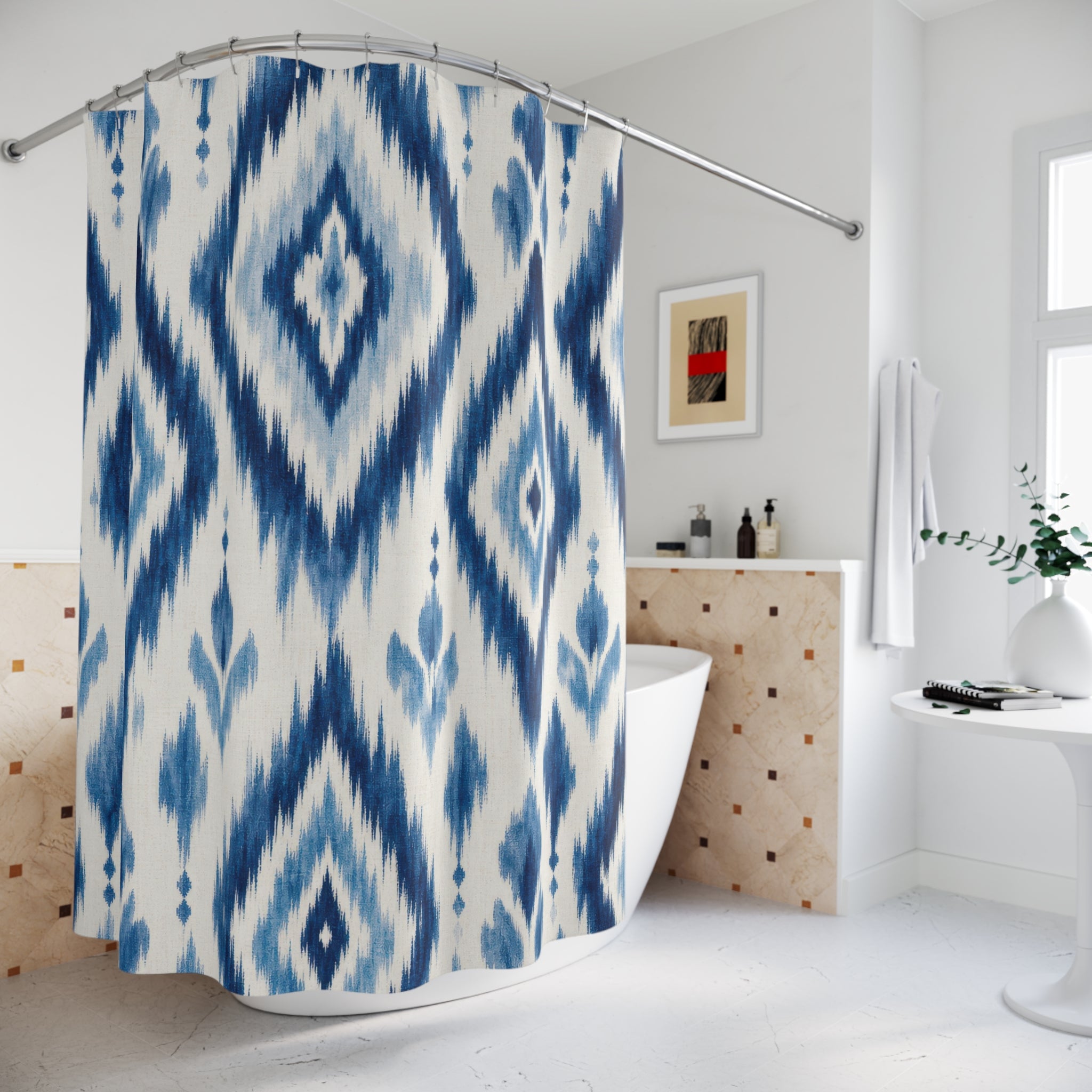 Blue Ikat Diamond Shower Curtain, Indigo Blue Bohemian Bathroom Decor, Ikat Stripe Bath Curtain, Guest Bath Decor, Small Bathroom Decor