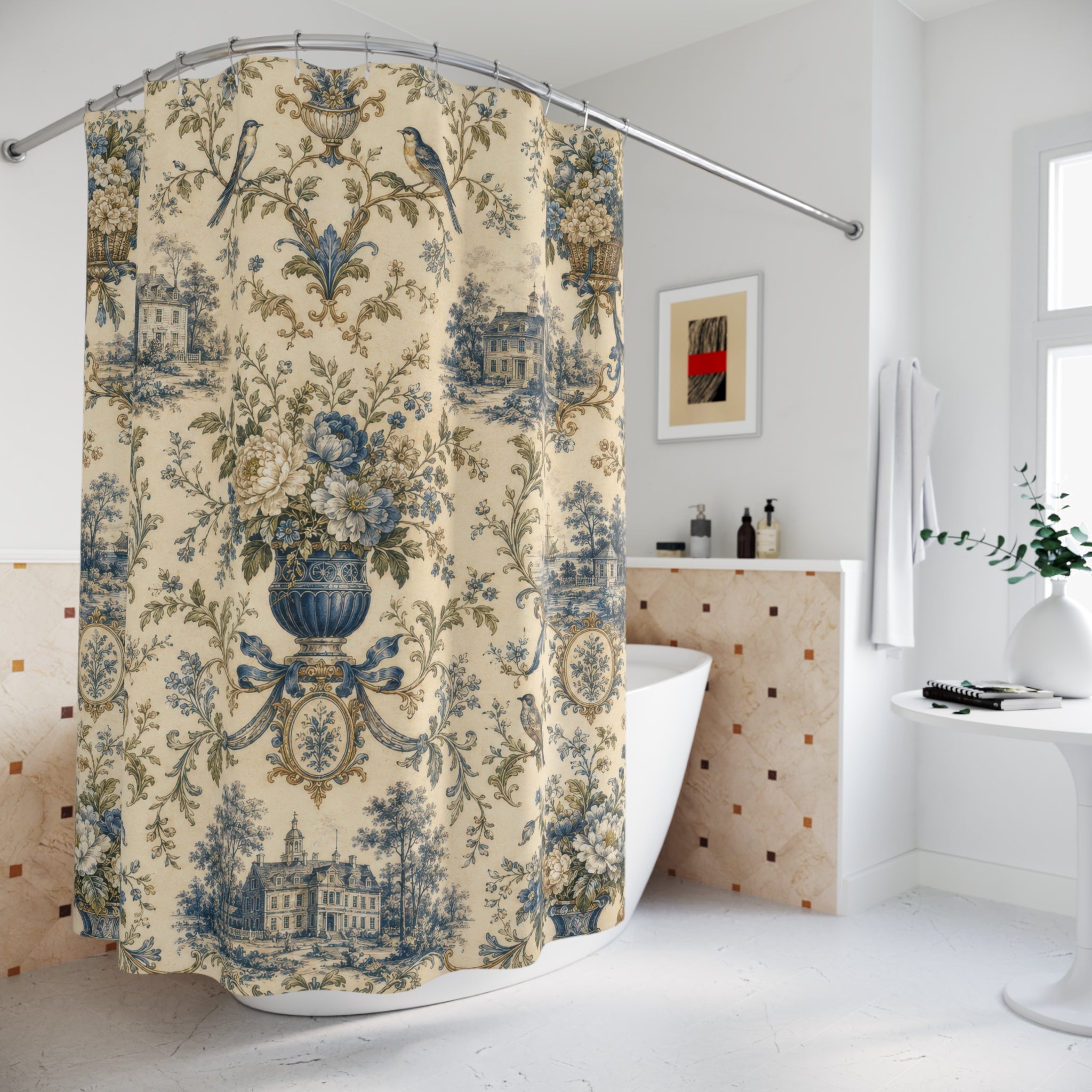 Colonial Toile Shower Curtain: Blue French Country