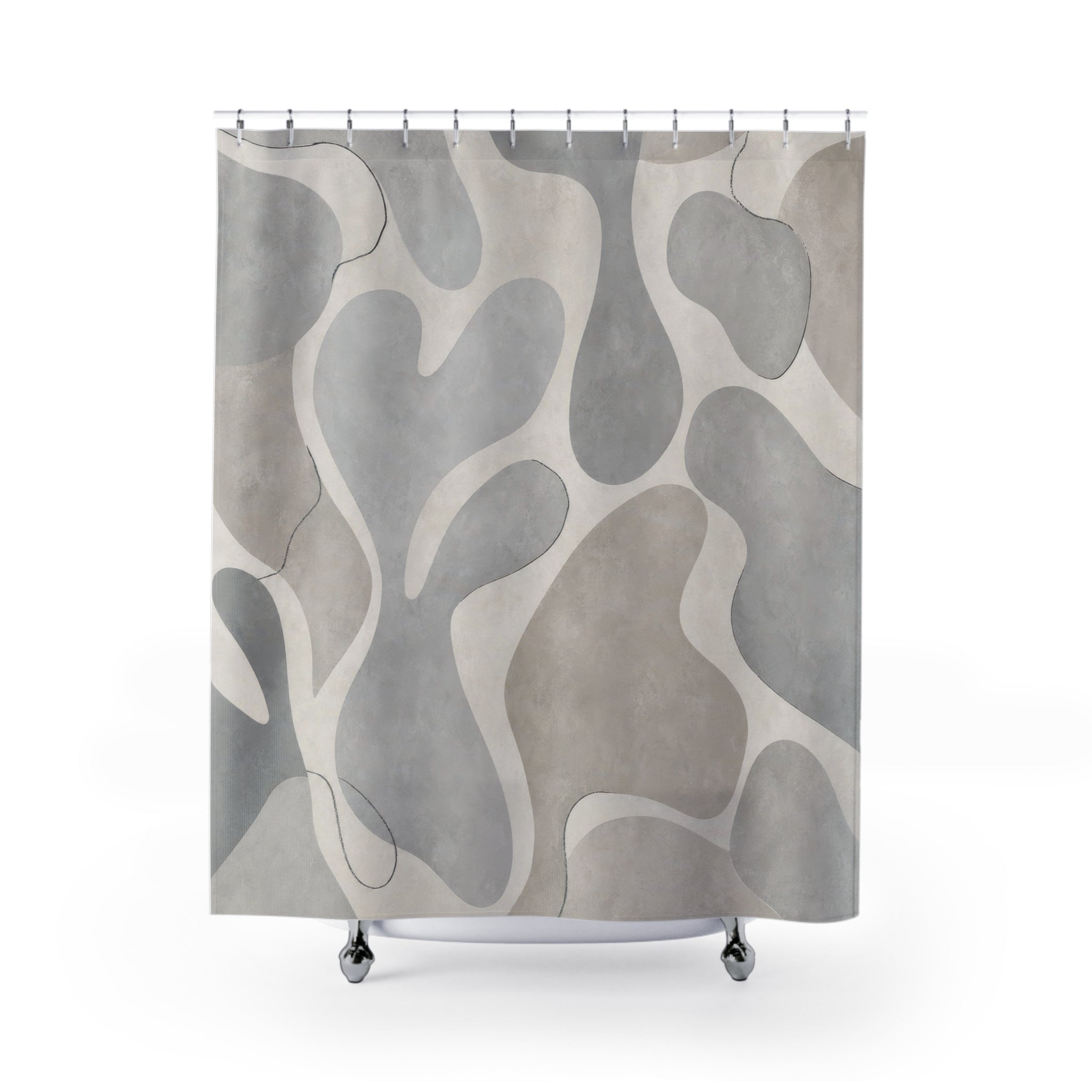 Abstract Shower Curtain, Gray Geometric Bath Decor, Organic Shape Pattern, Modern Neutral Guest Bathroom Decor, Soft Modern Spa Style