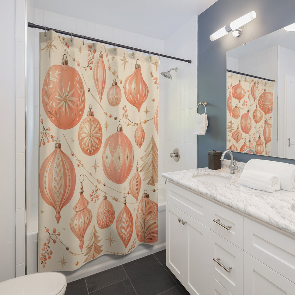 Peach Christmas ornaments and stars shower curtain beside a white vanity
