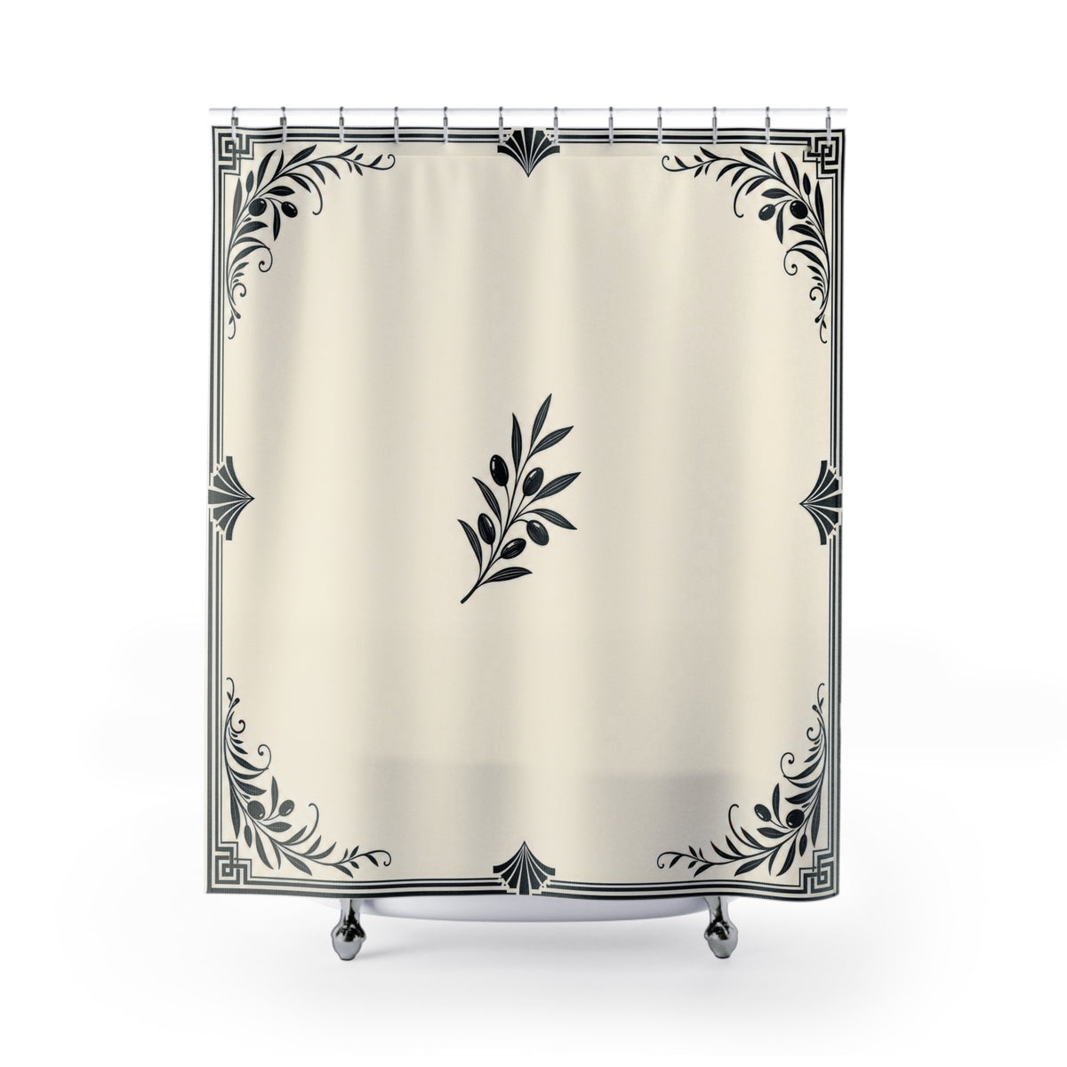 Black Border Ivory Botanical Corner Frame shower curtain with full front view