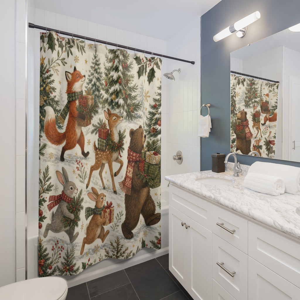 Woodland Animal Christmas Gift Parade Shower Curtain