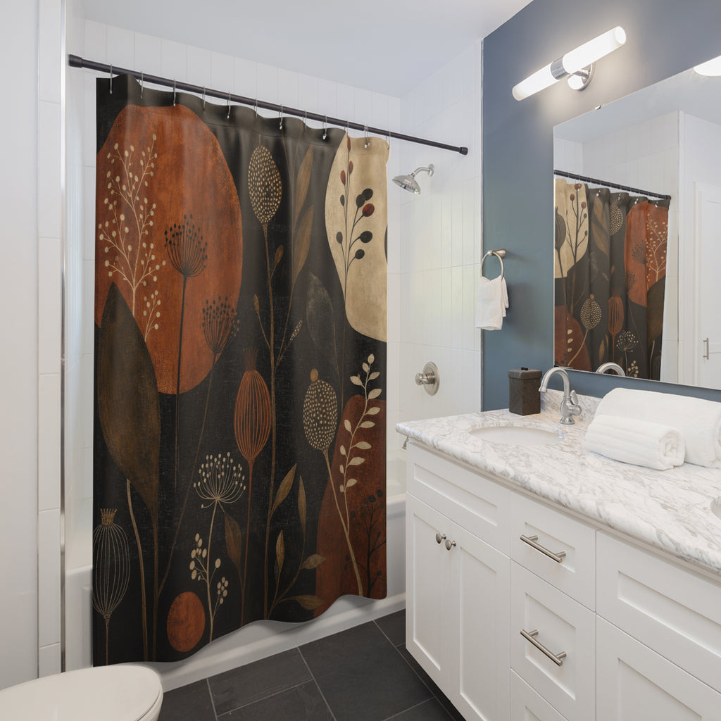 Rust Orange Moon Black Botanical Shower Curtain