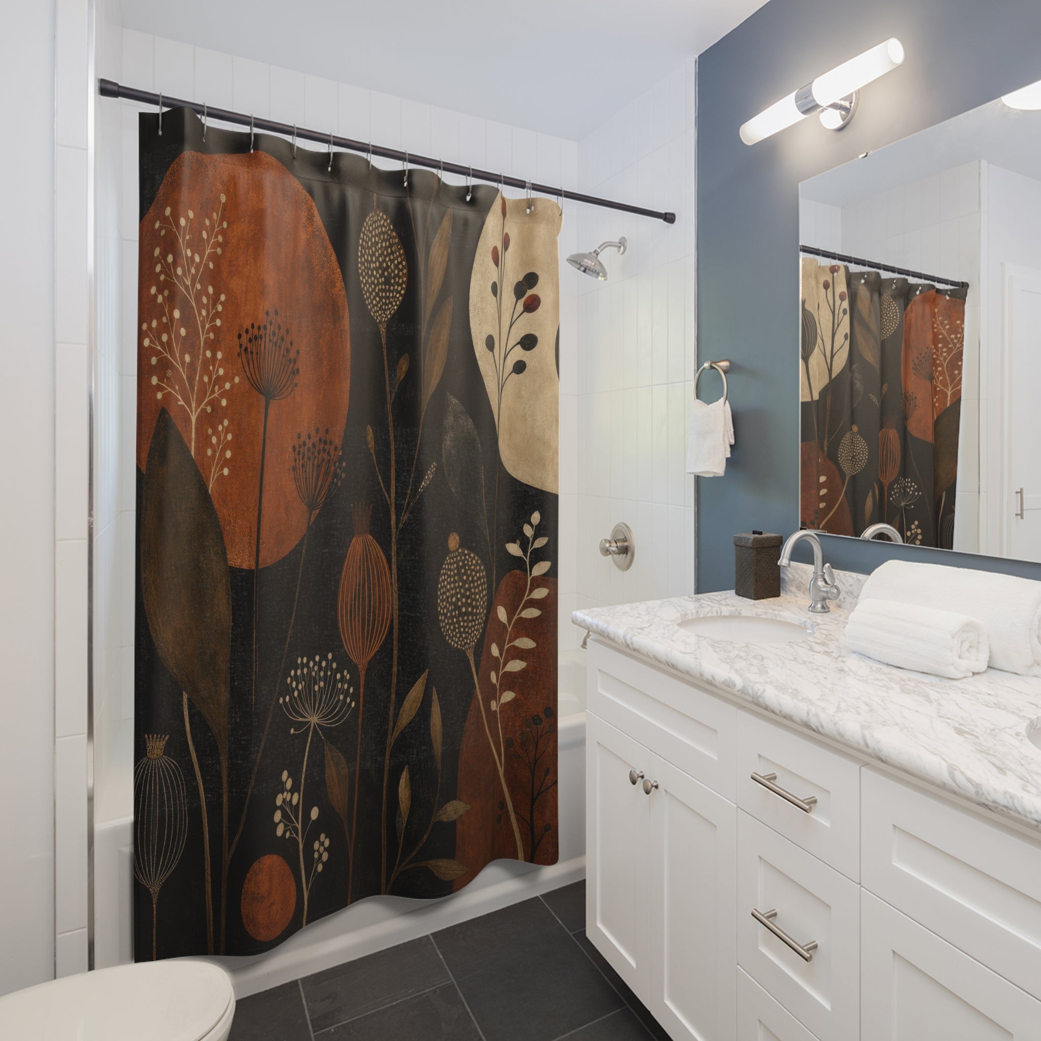 Rust Orange Moon Black Botanical Shower Curtain