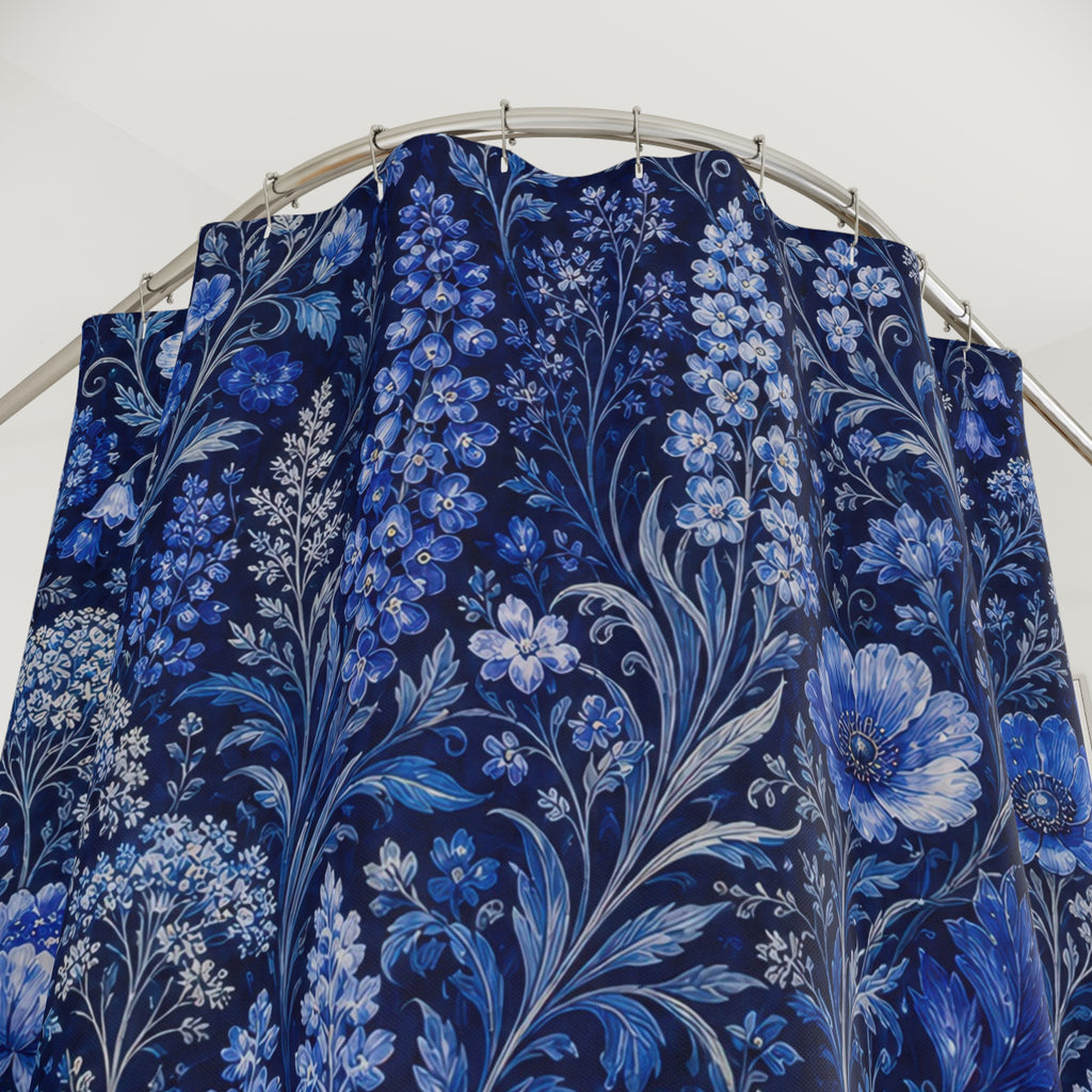 Dark Blue Floral Shower Curtain, Dark Blue Botanical Bathroom Decor, Dark Floral Bath Curtain, Guest Bath Decor, Small Bathroom Decor