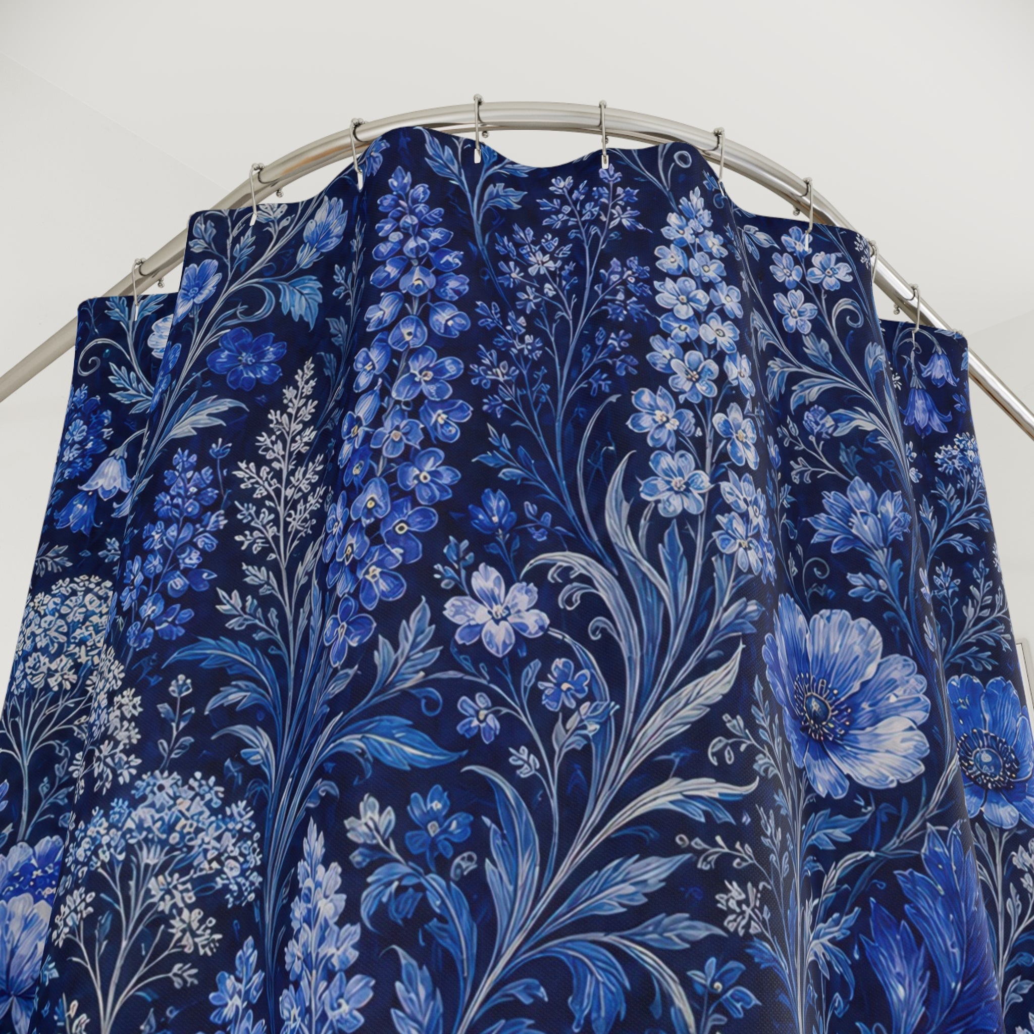 Dark Blue Floral Shower Curtain, Dark Blue Botanical Bathroom Decor, Dark Floral Bath Curtain, Guest Bath Decor, Small Bathroom Decor
