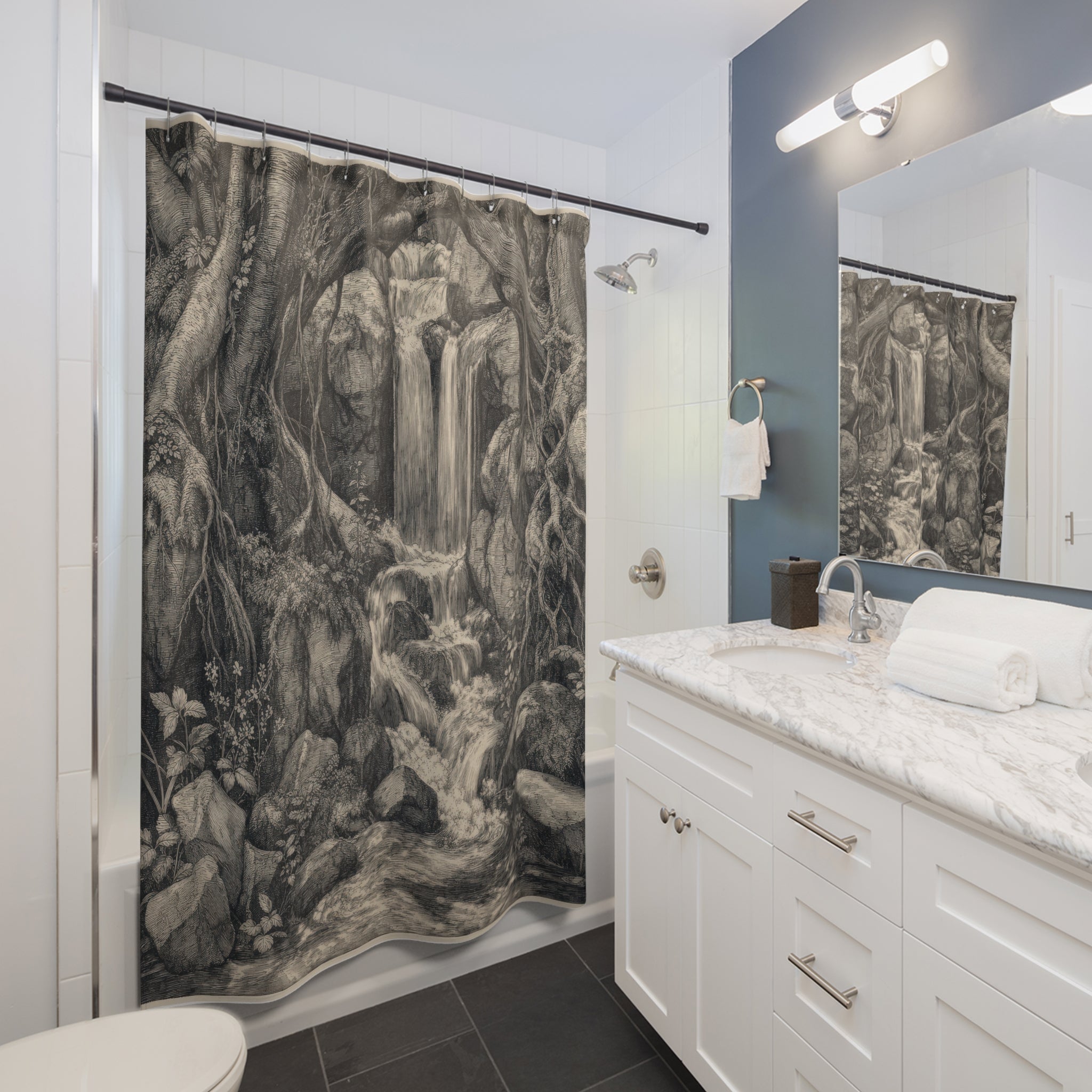 Black White Engraving Landscape Shower Curtain