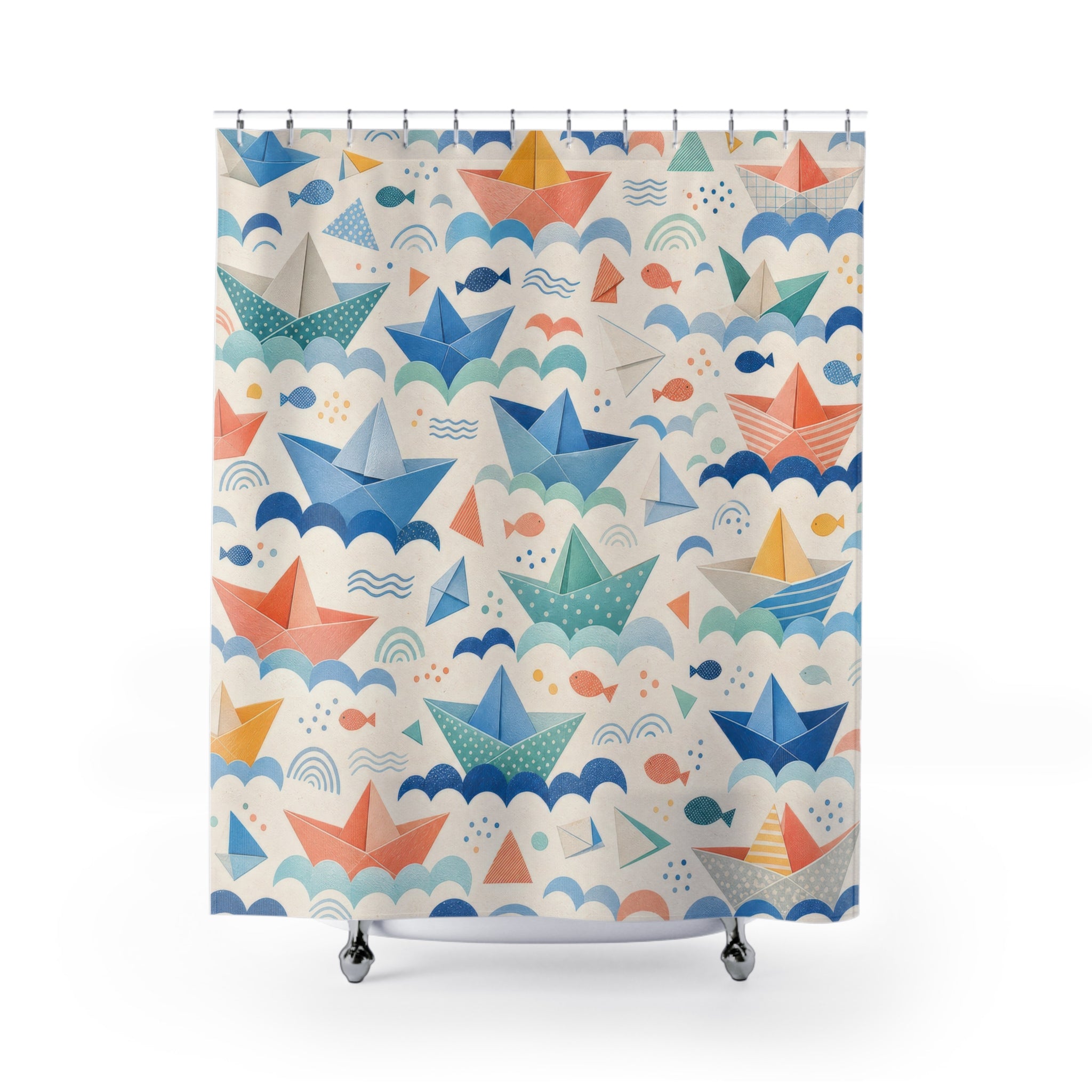 Kids Paper Boat Shower Curtain, Blue Wave Nautical Pattern, Soft Nursery Bathroom Decor, Blue Coastal Wall Decor Guest Bath Wall Gift