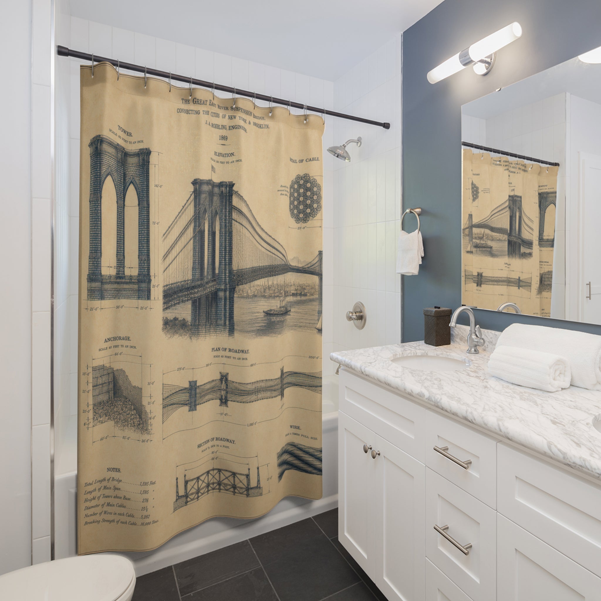Vintage Bridge Shower Curtain: Architectural Blueprint