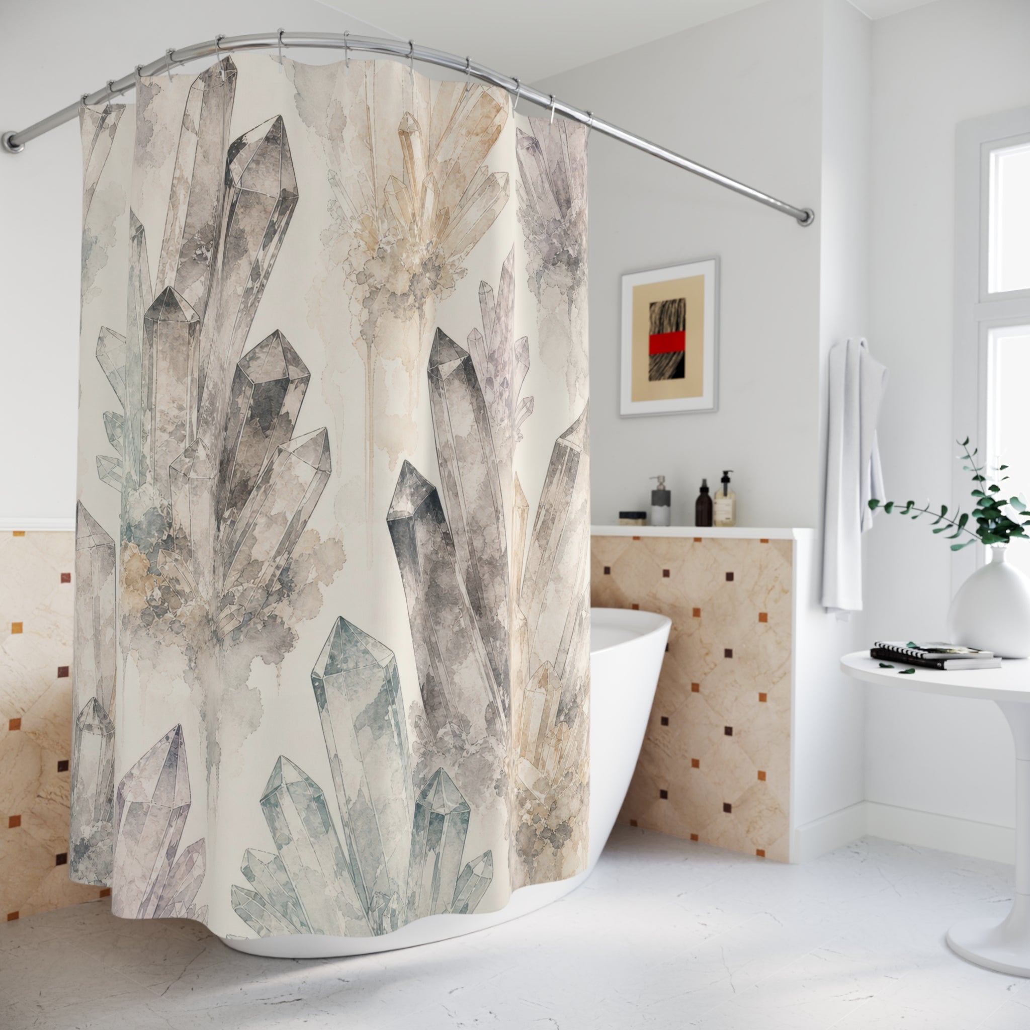 Crystal Shower Curtain, Grey Quartz Watercolor Pattern, Boho Bathroom Decor, Mystical Neutral Guest Bath Gemstone Spa Style