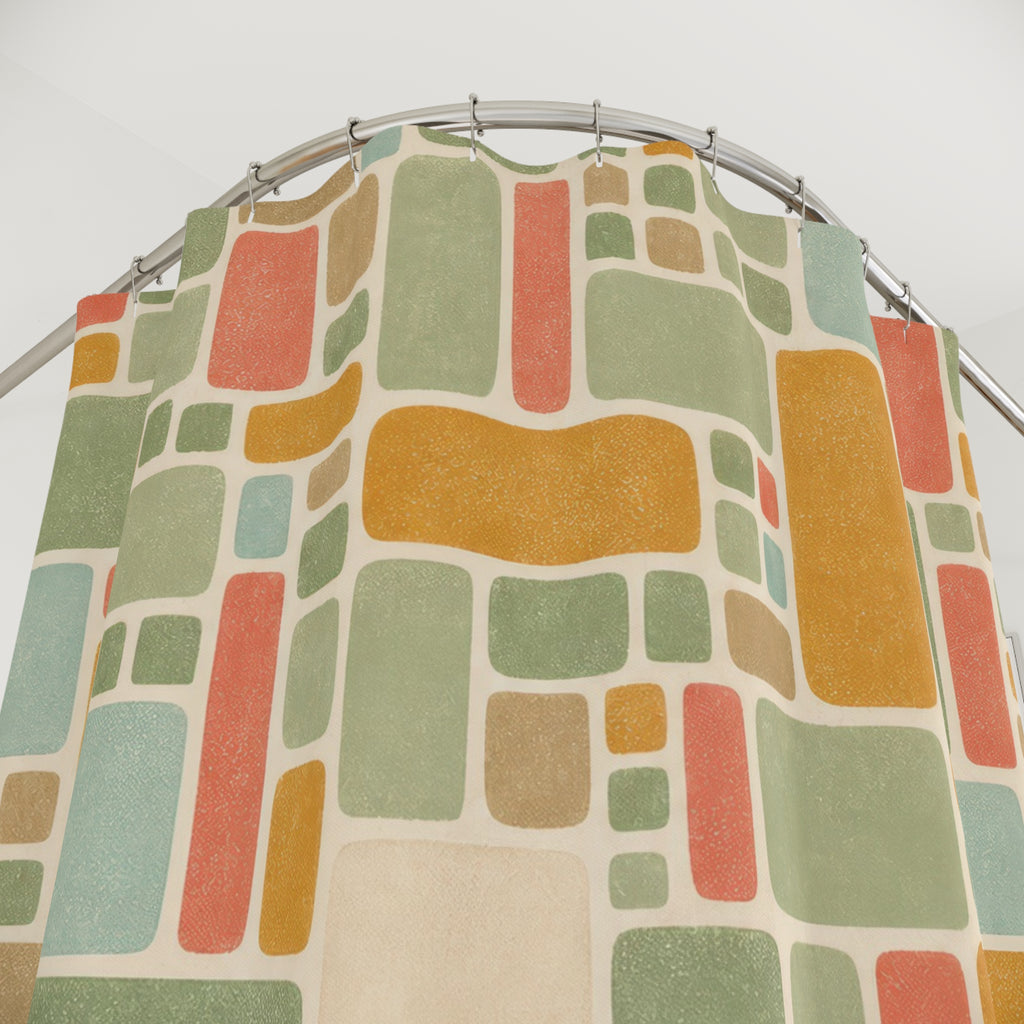 Retro Shower Curtain, Sage Coral Mosaic Tile Pattern, Mid Century Geometric Bathroom Decor, Guest Bath Wall Gift Idea For Home Style