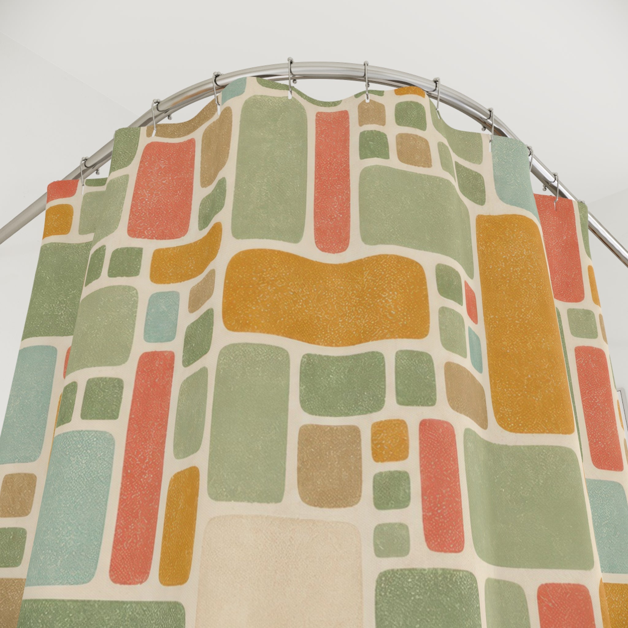 Retro Shower Curtain, Sage Coral Mosaic Tile Pattern, Mid Century Geometric Bathroom Decor, Guest Bath Wall Gift Idea For Home Style