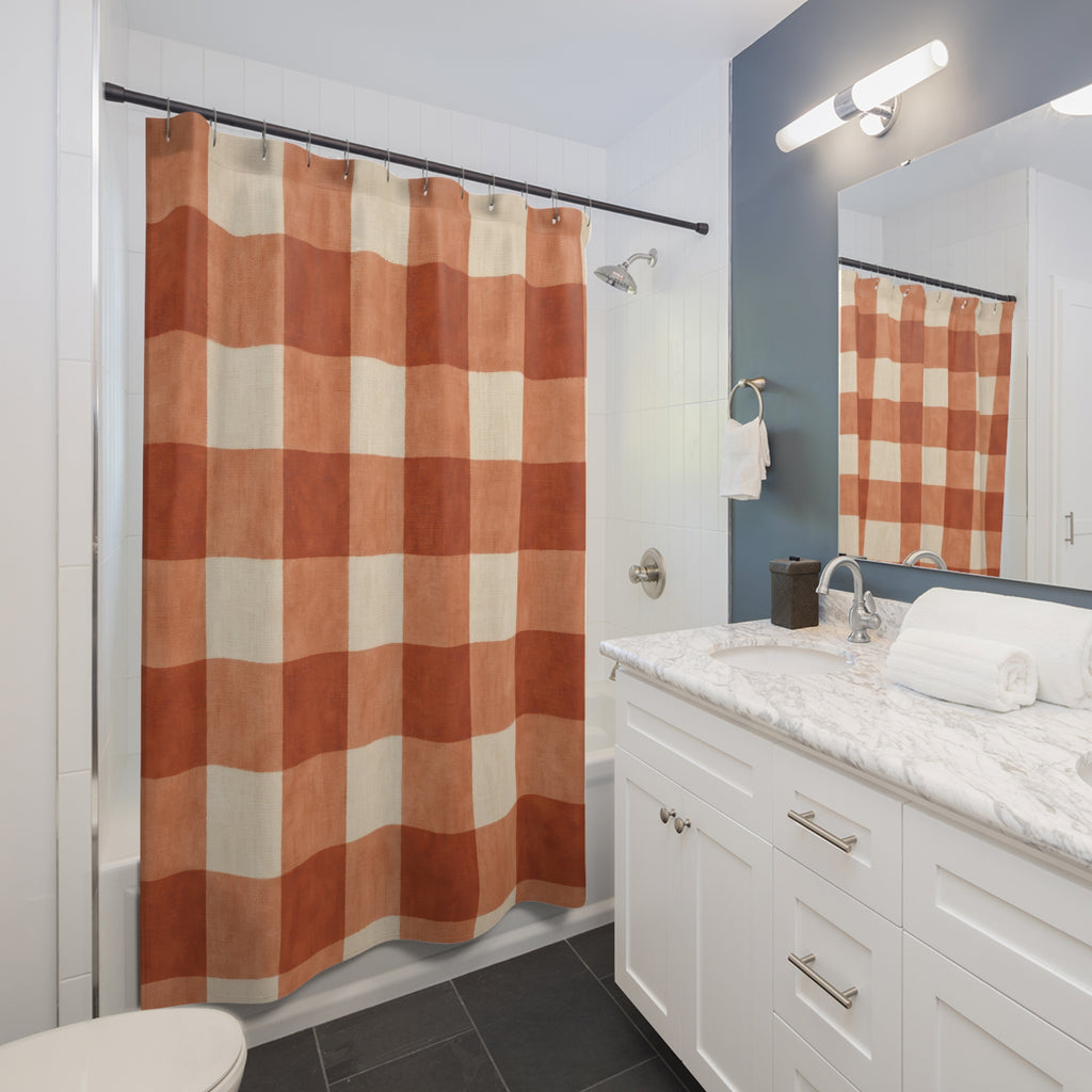 Buffalo Check Shower Curtain, Burnt Orange Cream Plaid Pattern, Farmhouse Bathroom Decor, Warm Country Guest Bath Autumn Style