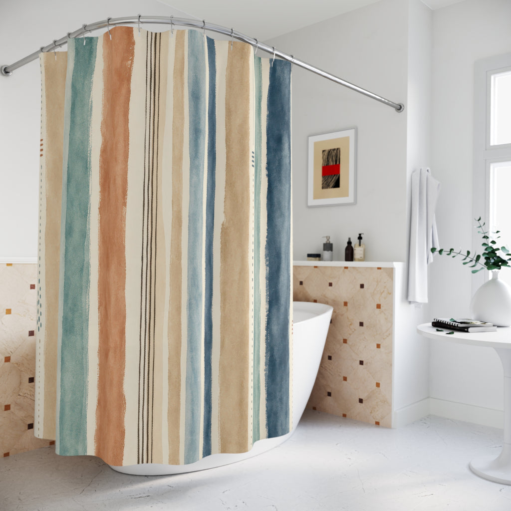 Aqua Blue Terracotta Stripe Shower Curtain