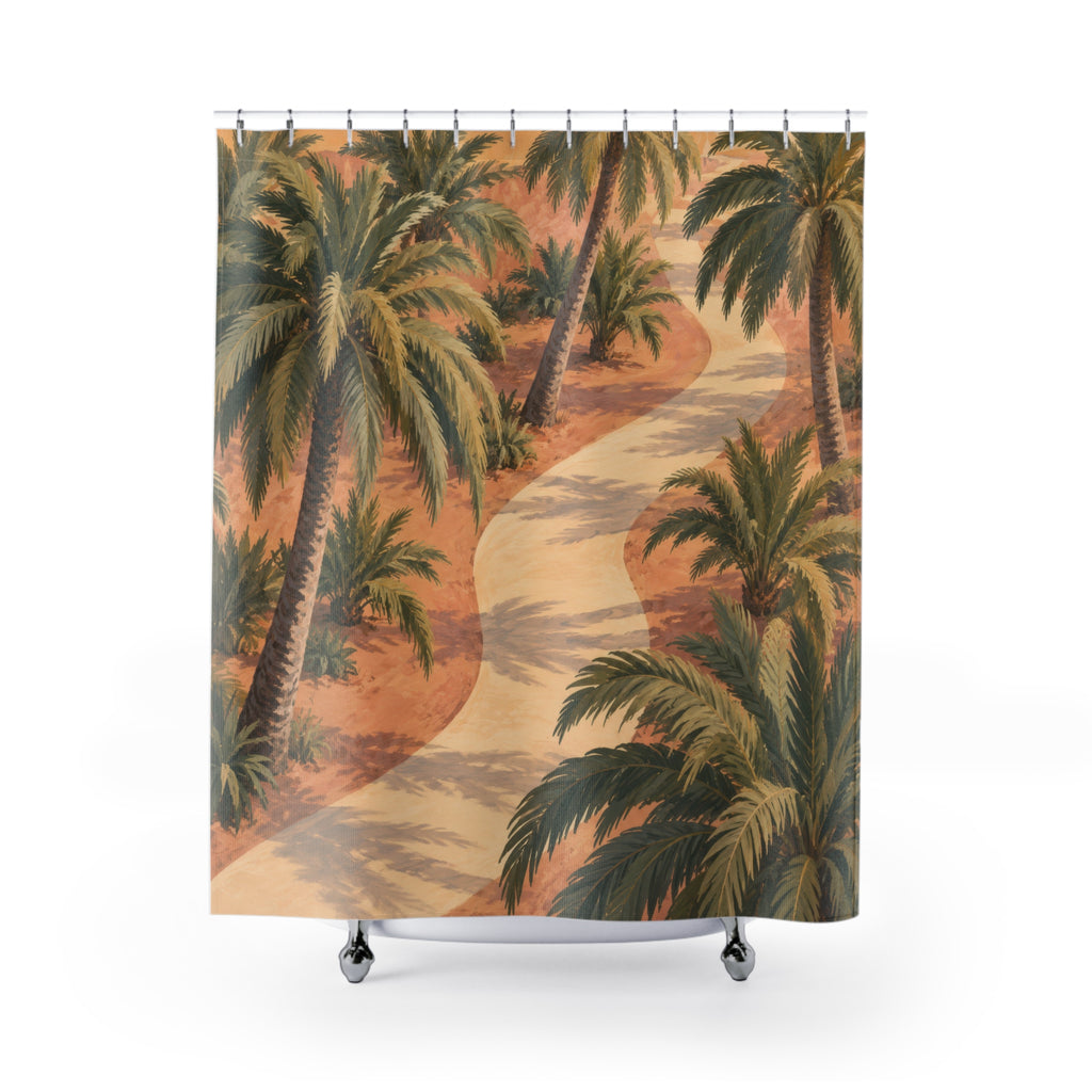 Olive palm trees beside a cream path on apricot ground shower curtain with full front view