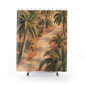 Olive palm trees beside a cream path on apricot ground shower curtain with full front view