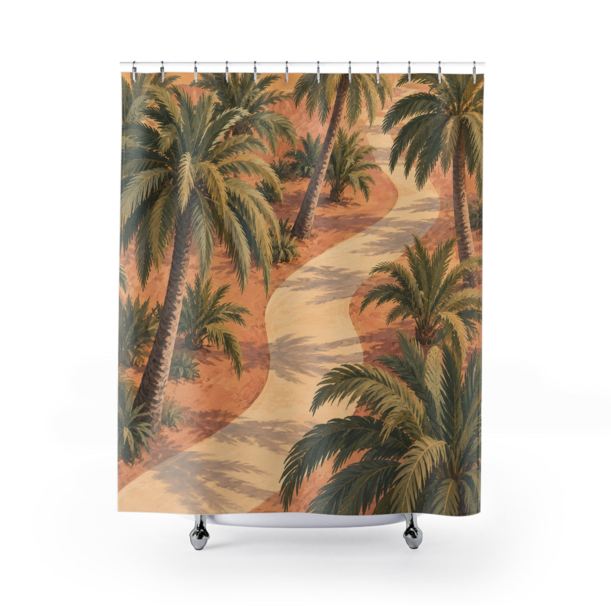 Olive palm trees beside a cream path on apricot ground shower curtain with full front view
