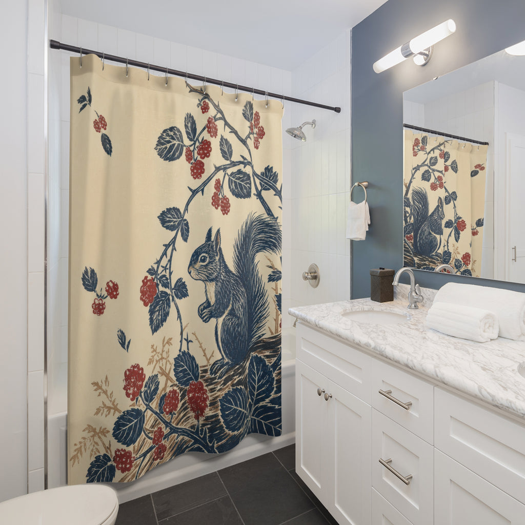 Indigo Squirrel Block Print Shower Curtain