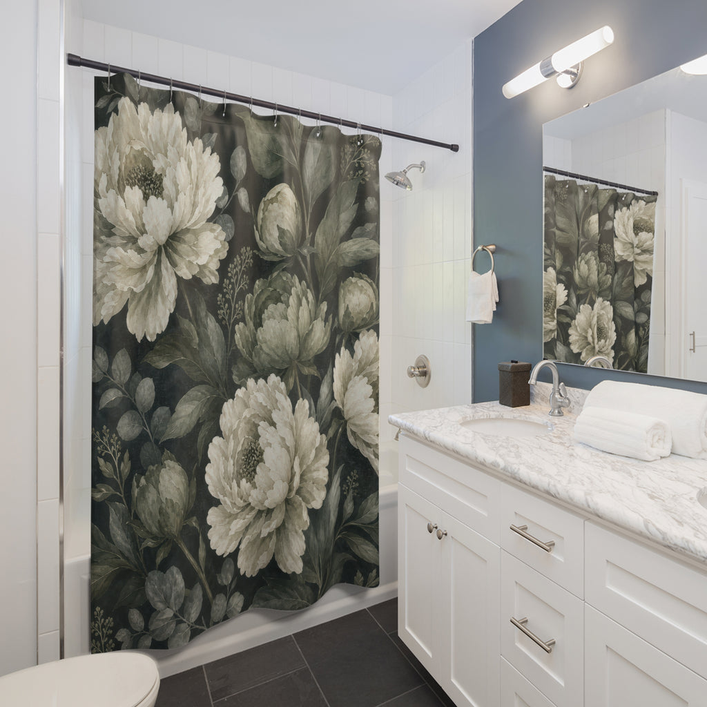 Dark Green Peony Shower Curtain, Dark Green Botanical Bathroom Decor, Dark Floral Bath Curtain, Guest Bath Decor, Small Bathroom Decor