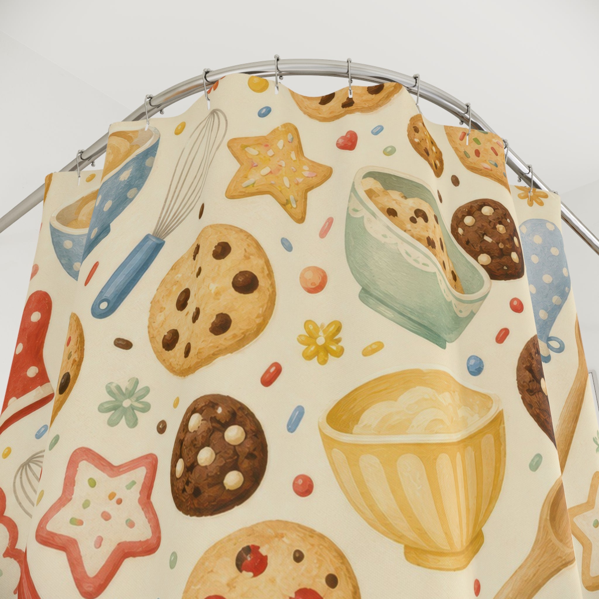 Kids Cookie Shower Curtain, Baking Bowl Whisk Pattern, Cute Kitchen Bathroom Decor, Sweet Baking Wall Decor Playroom Guest Bath Gift