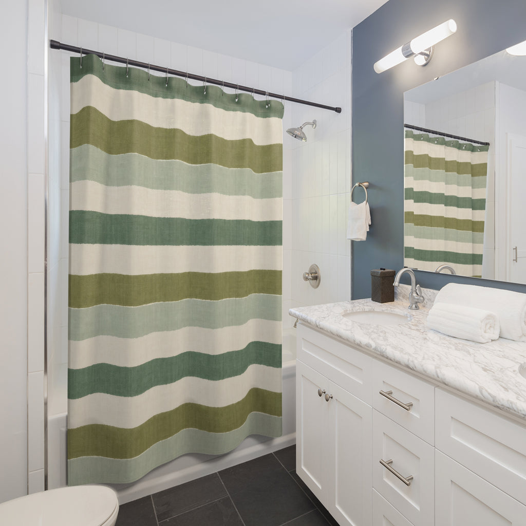 Sage Green Cream Horizontal Stripe Shower Curtain
