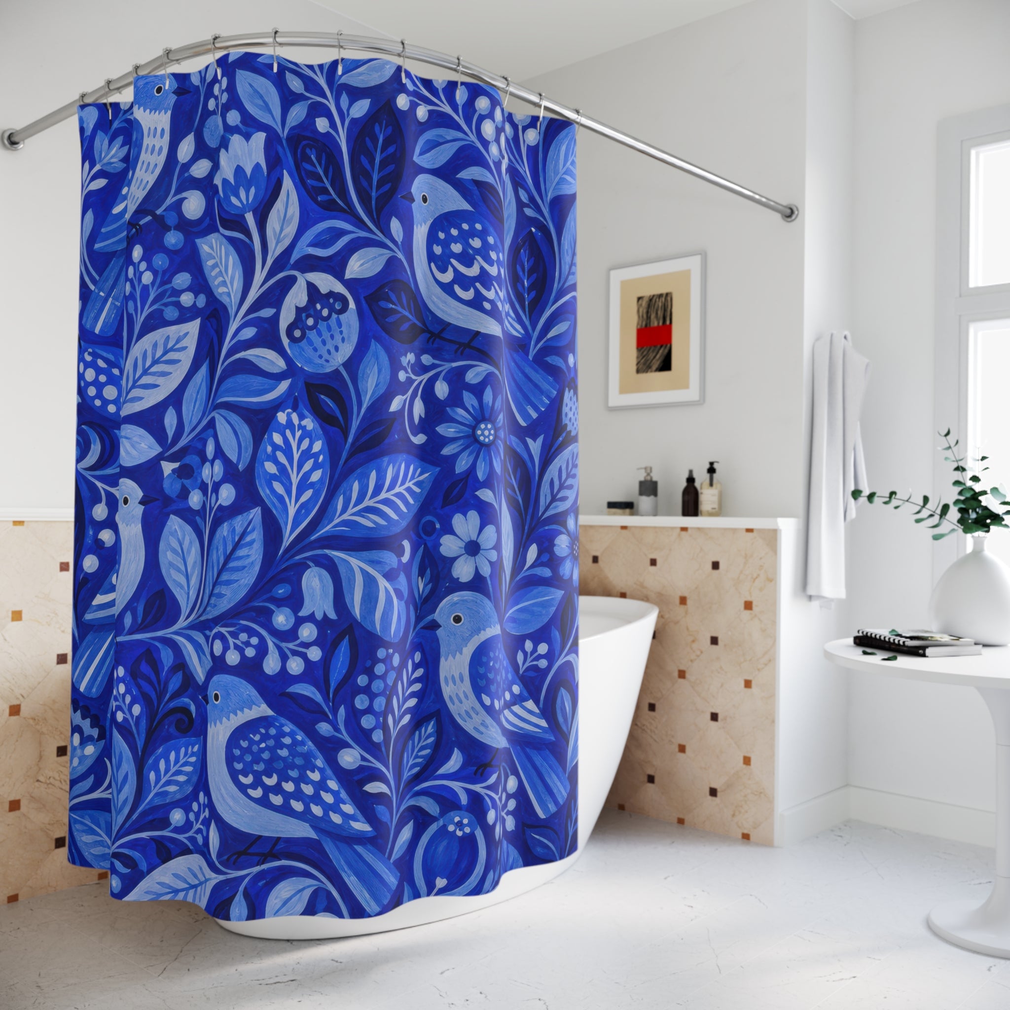 Blue Folk Bird Shower Curtain