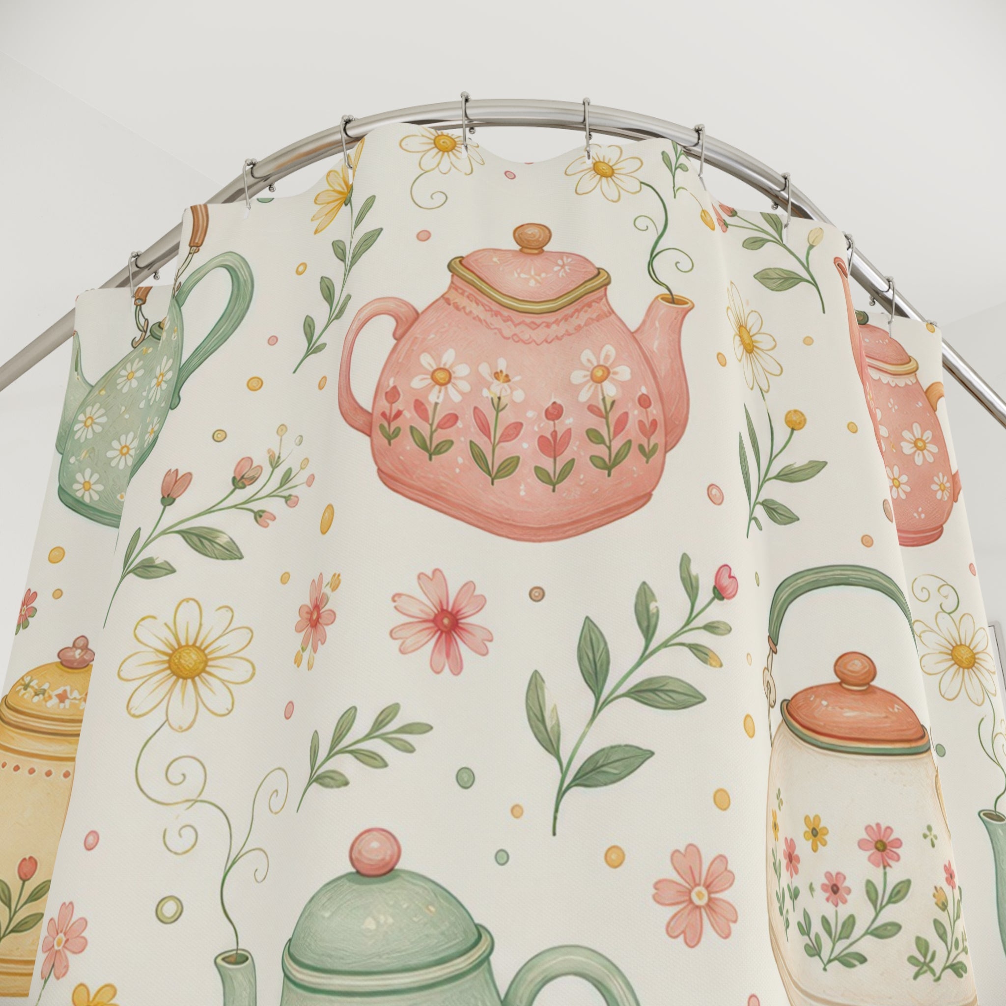 Pastel Teapot Cute Floral Botanical Farmhouse Cottage Shower Curtain