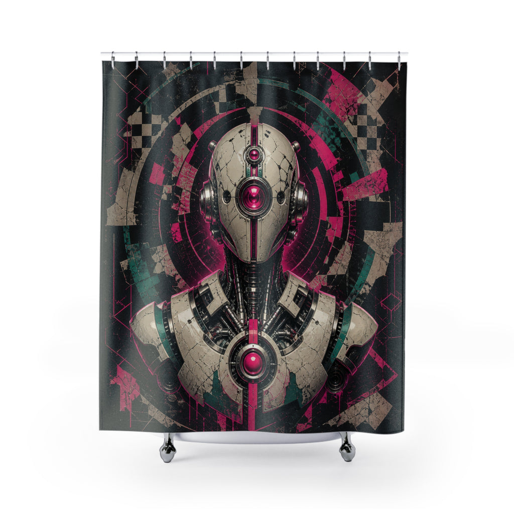 Chrome robot bust with neon circuits and fractured stencil shapes shower curtain with full front view