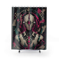 Chrome robot bust with neon circuits and fractured stencil shapes shower curtain with full front view