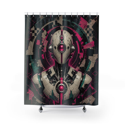 Chrome robot bust with neon circuits and fractured stencil shapes shower curtain with full front view