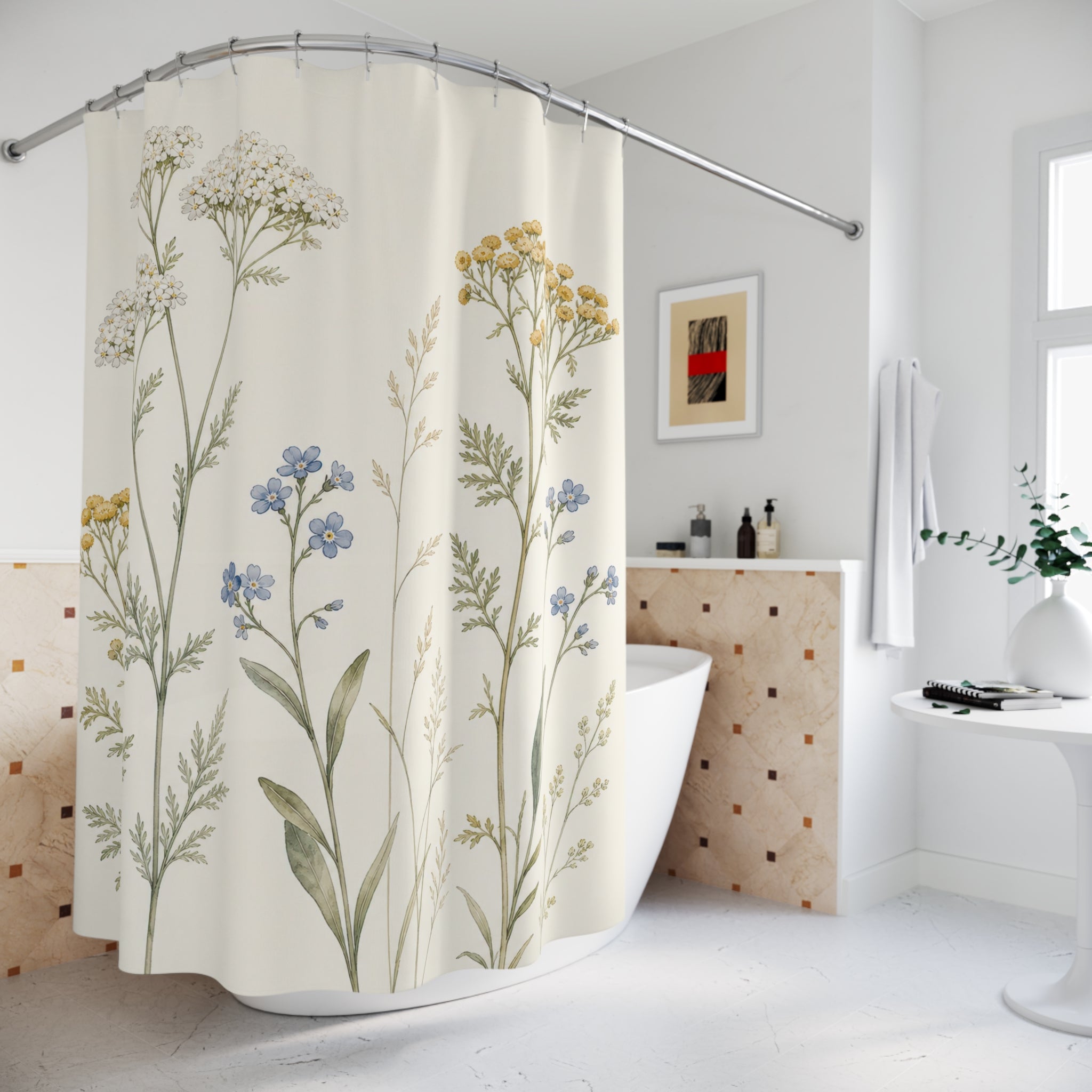 Yellow Blue Wildflower Stem Shower Curtain