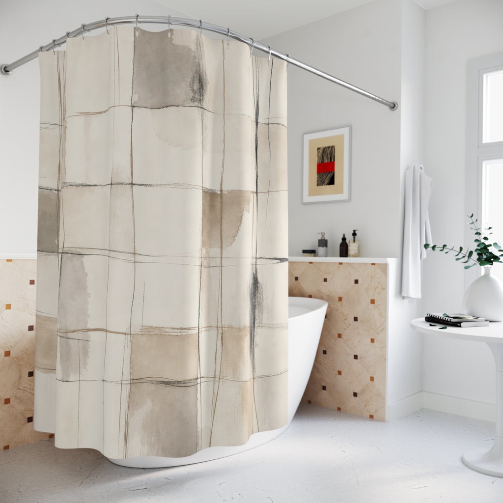 Neutral Abstract Grid Line Shower Curtain