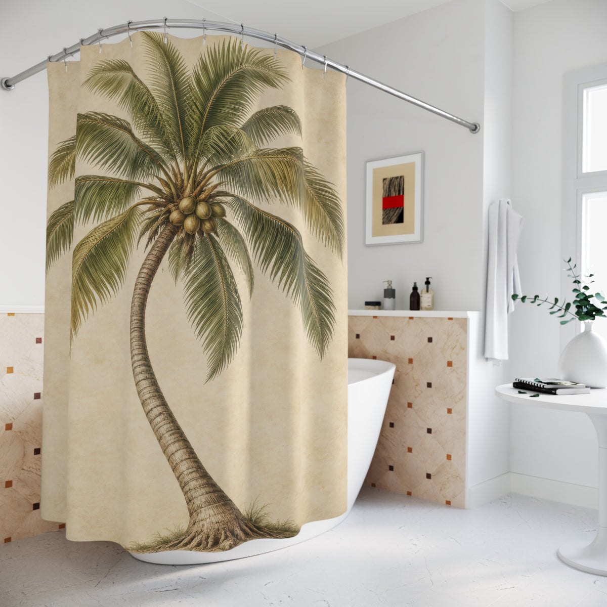 Olive coconut palm and sepia trunk on warm cream shower curtain beside a freestanding tub