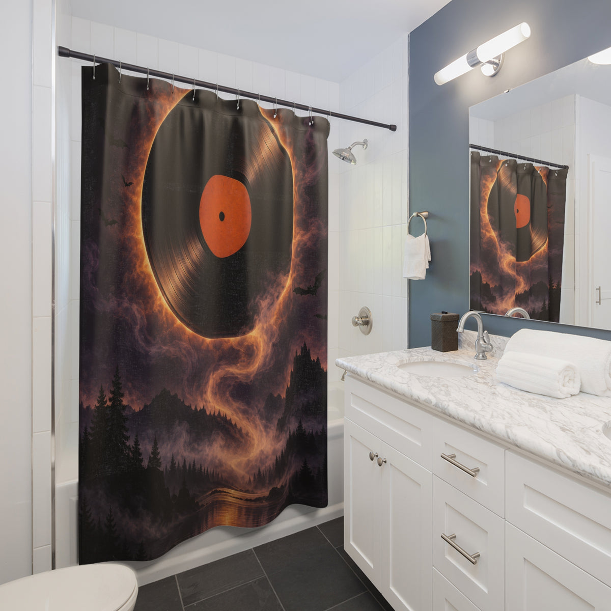 Vinyl record eclipse over a purple forest lake with bats shower curtain beside a white vanity