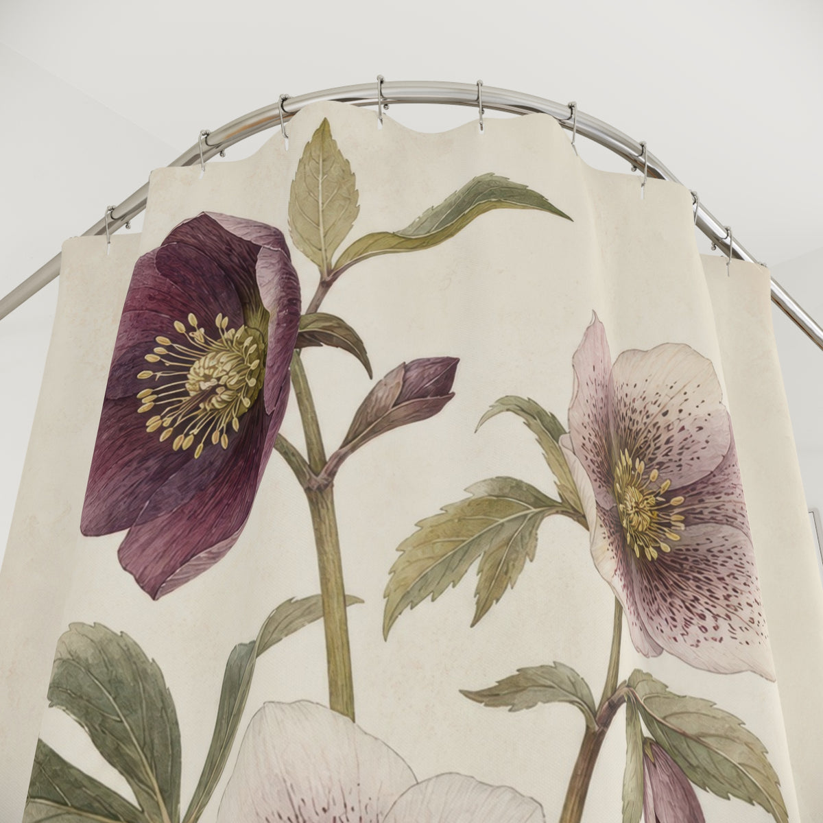 Soft Plum Purple Botanical Floral shower curtain with close-up print, hooks, and folds
