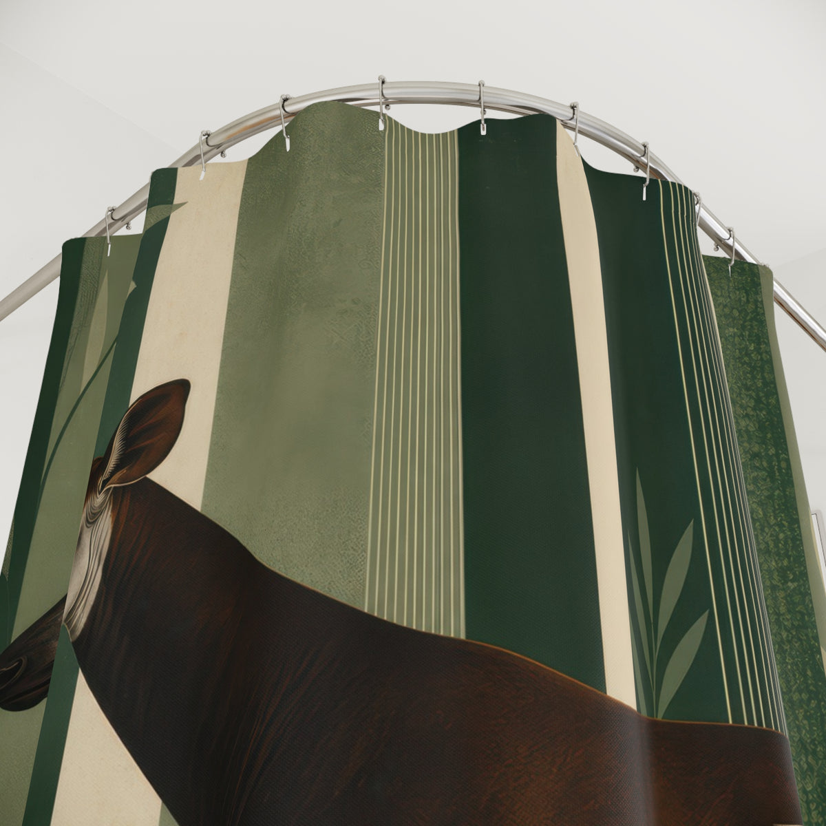 Okapi animal crossing a forest green vertical grove shower curtain with close-up print, hooks, and folds