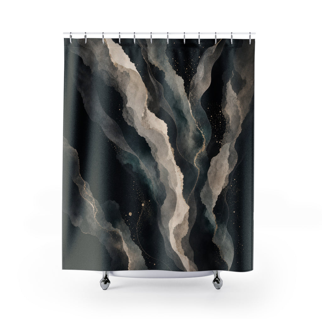 Black Abstract Shower Curtain, Smoky Gray Blue Bath Decor, Modern Mineral Stripe Pattern, Dark Bathroom Decor, Moody Guest Bathroom
