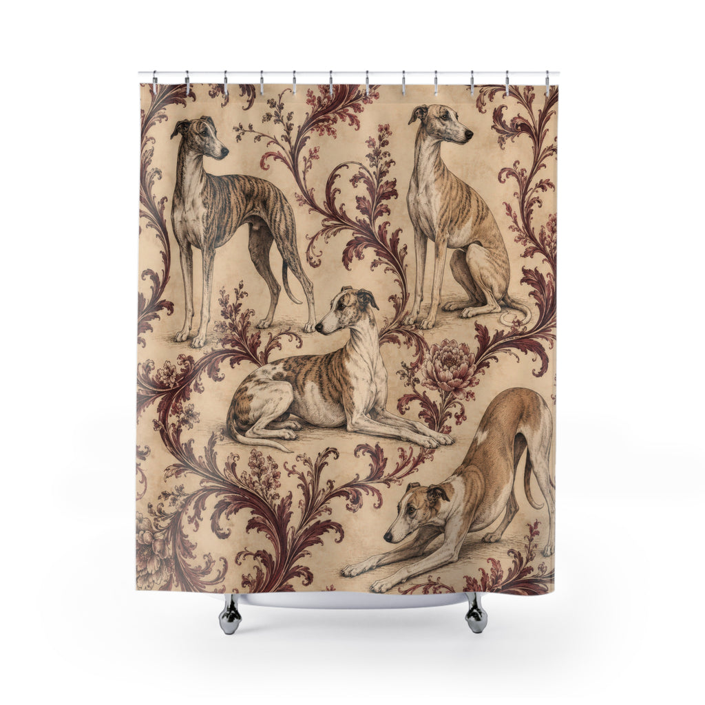 Whippets among burgundy ornamental foliage shower curtain with full front view