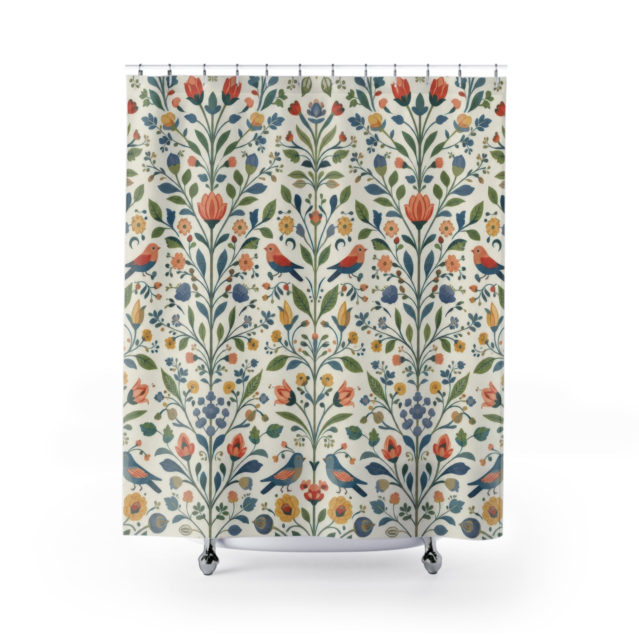Scandinavian Floral Bird Folk Art Shower Curtain