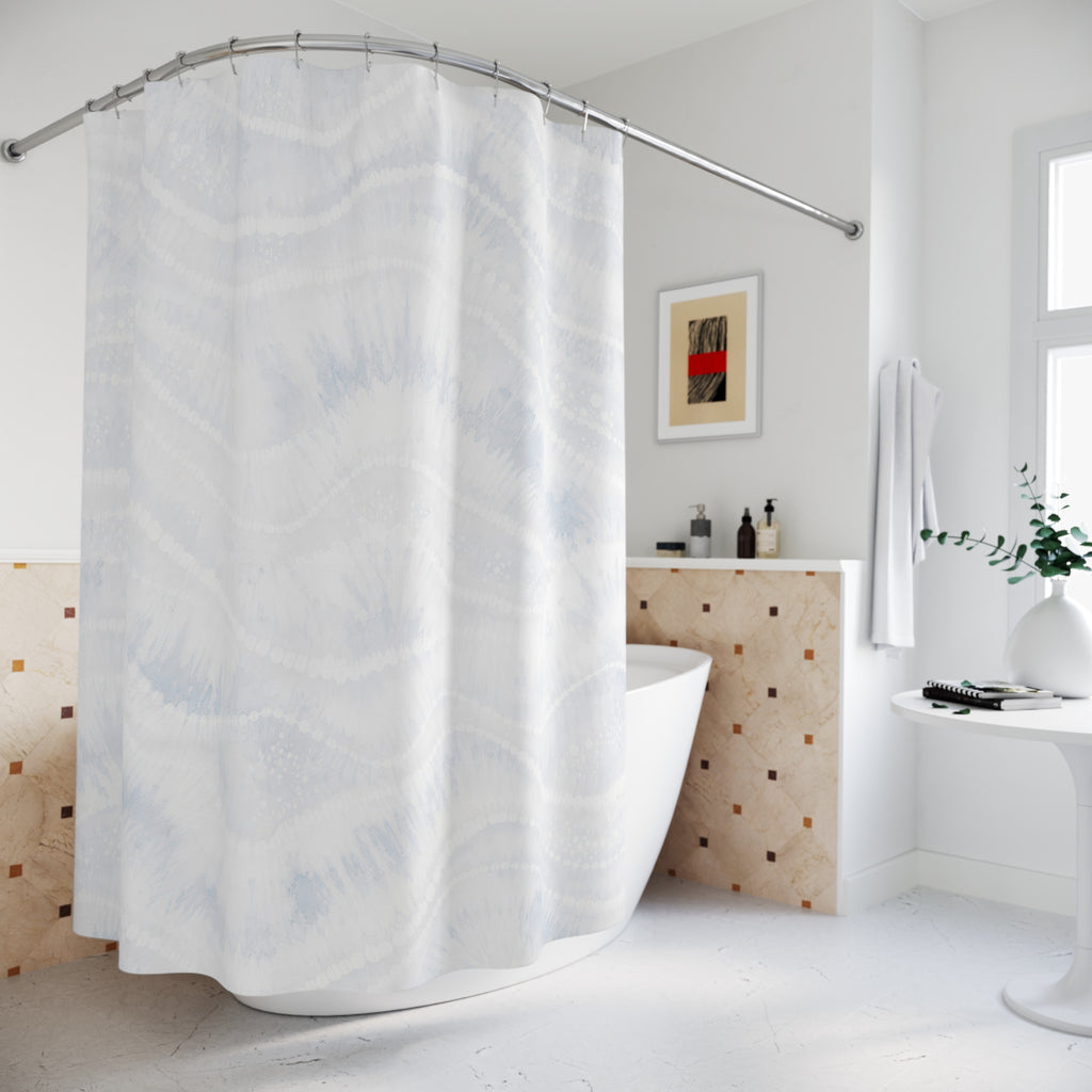 White Shower Curtain, Soft Wave Bath Decor, Pale Blue Gray Abstract Pattern, Minimal Guest Bathroom Decor, Spa White Style, Calm Style