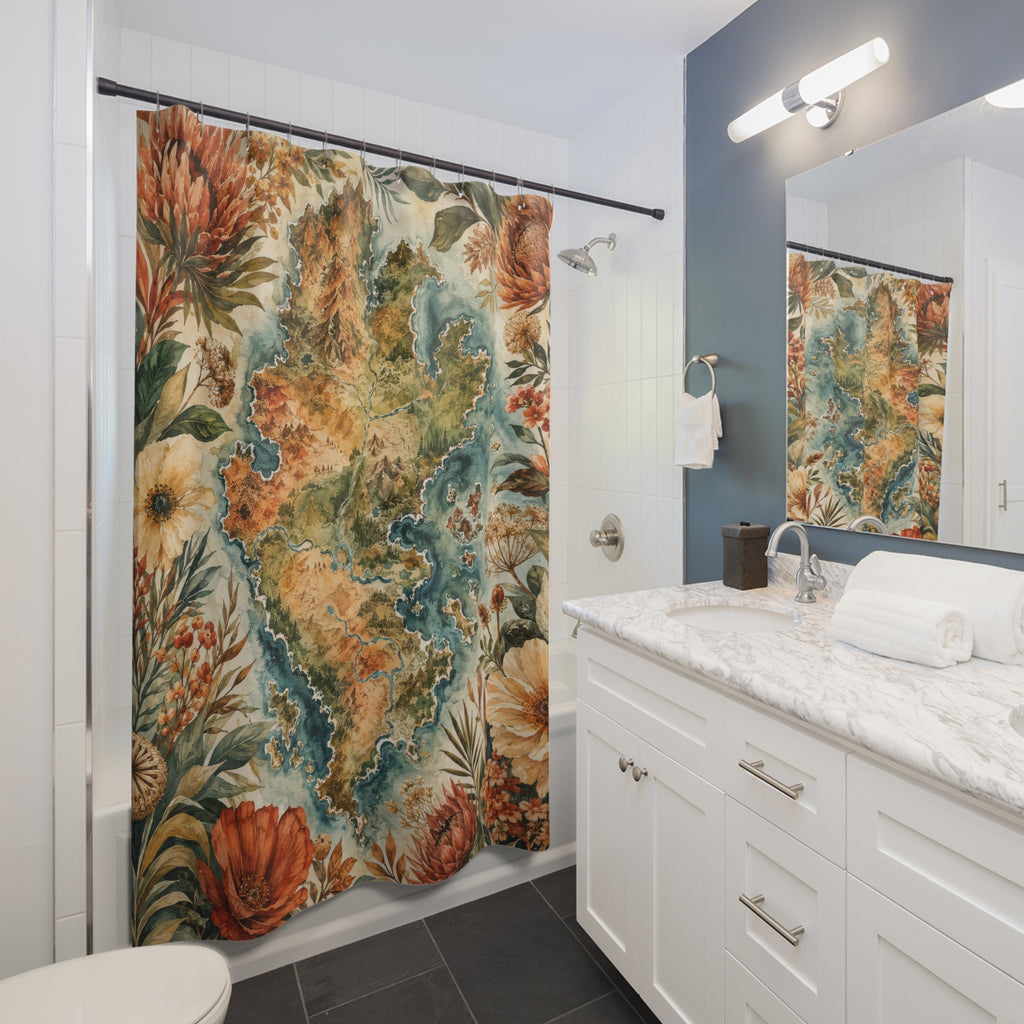 Botanical island watercolor map shower curtain beside a white vanity