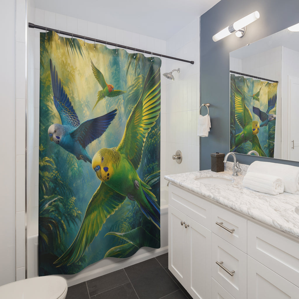 Misty Parakeet Flight shower curtain beside a white vanity