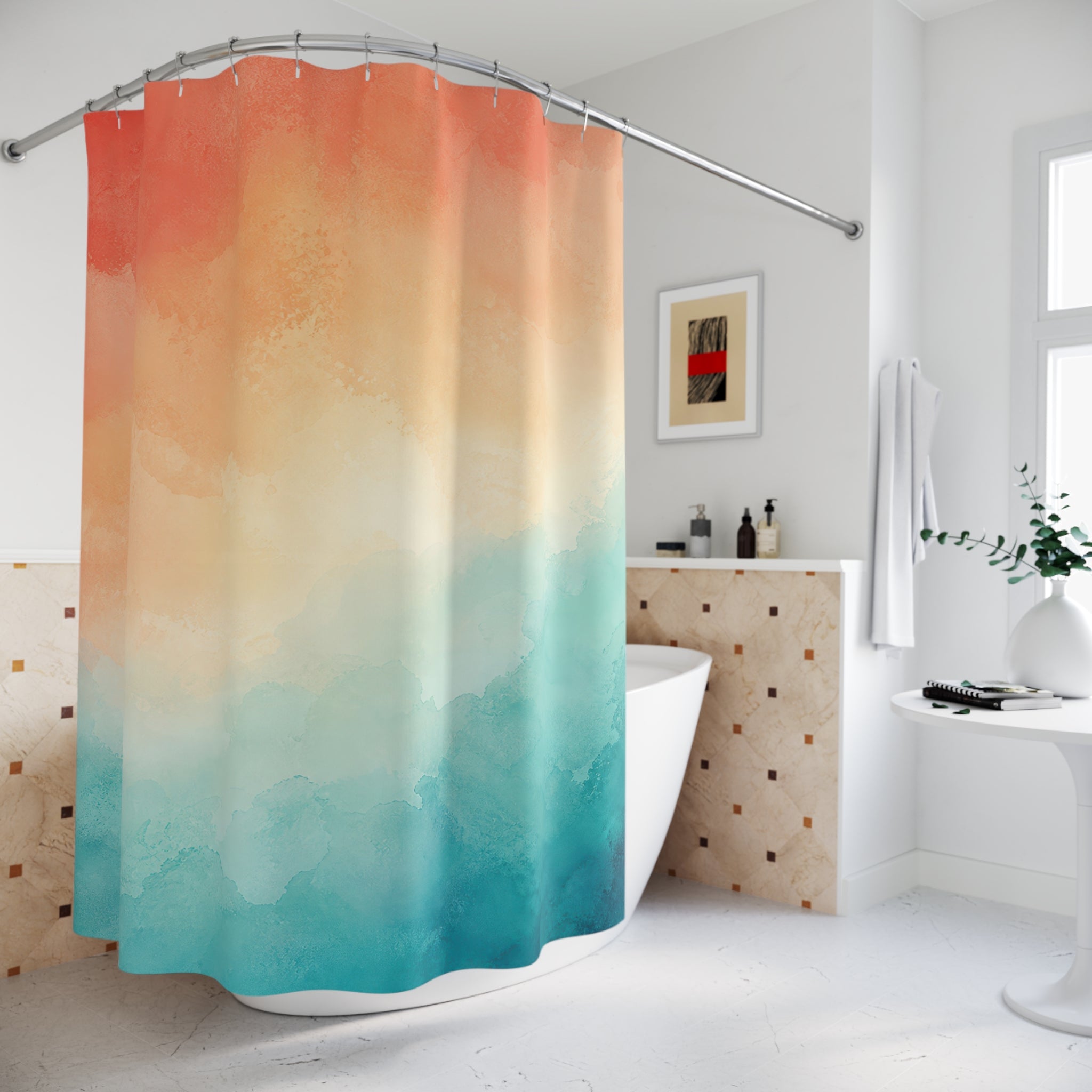 Coral Teal Watercolor Shower Curtain