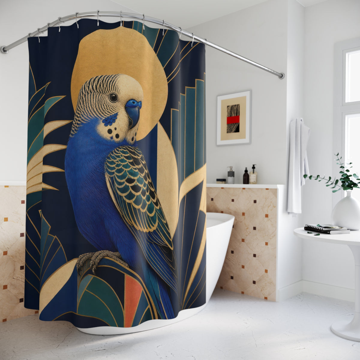 Cobalt Art Deco Parakeet shower curtain beside a freestanding tub