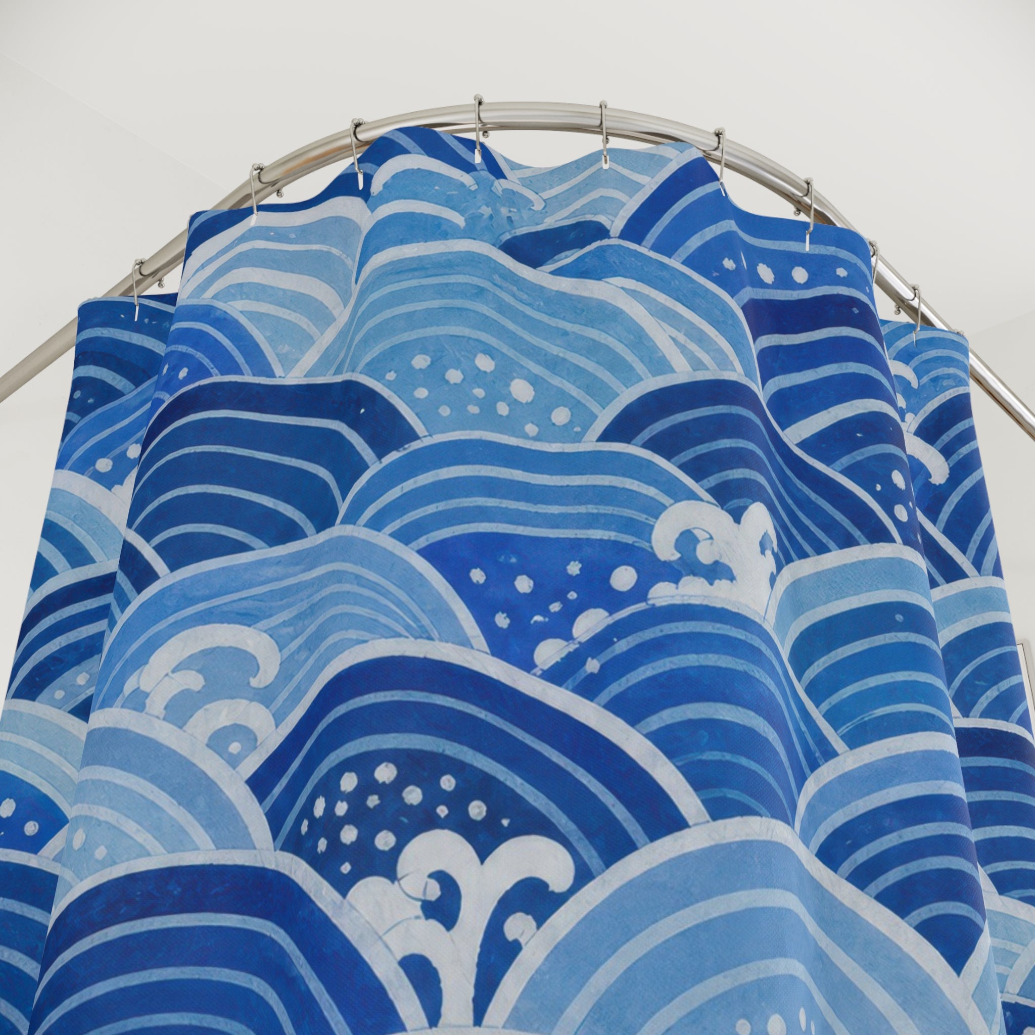 Blue Seigaiha Wave Shower Curtain, Blue Aqua Coastal Bathroom Decor, Wave Pattern Bath Curtain, Guest Bath Decor, Small Bathroom Decor