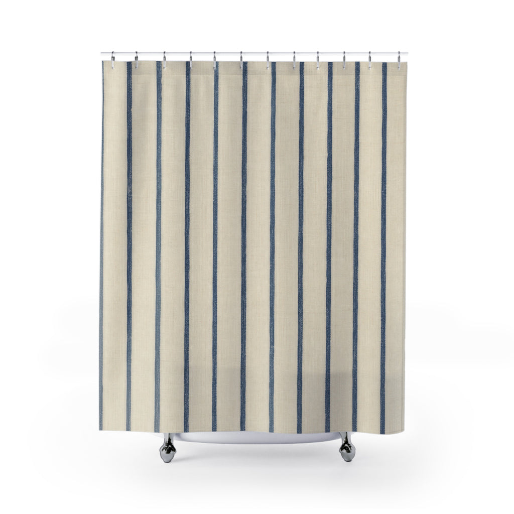 Blue Ticking Shower Curtain, French Stripe Bath Decor, Cream Vertical Stripe Pattern, Classic Guest Bathroom Decor, Blue Ticking Style