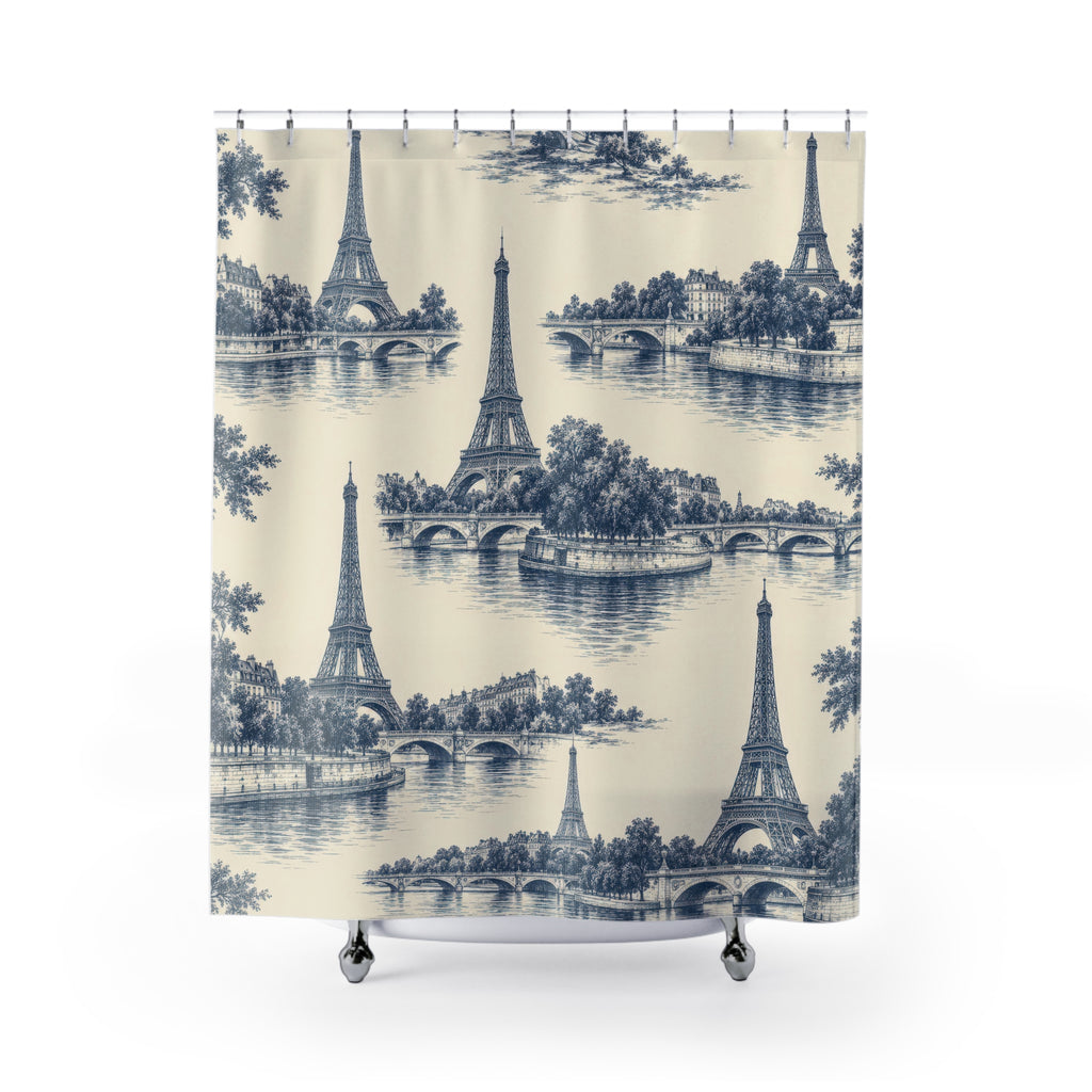 Indigo Eiffel Towers and river bridges on warm ivory shower curtain with full front view